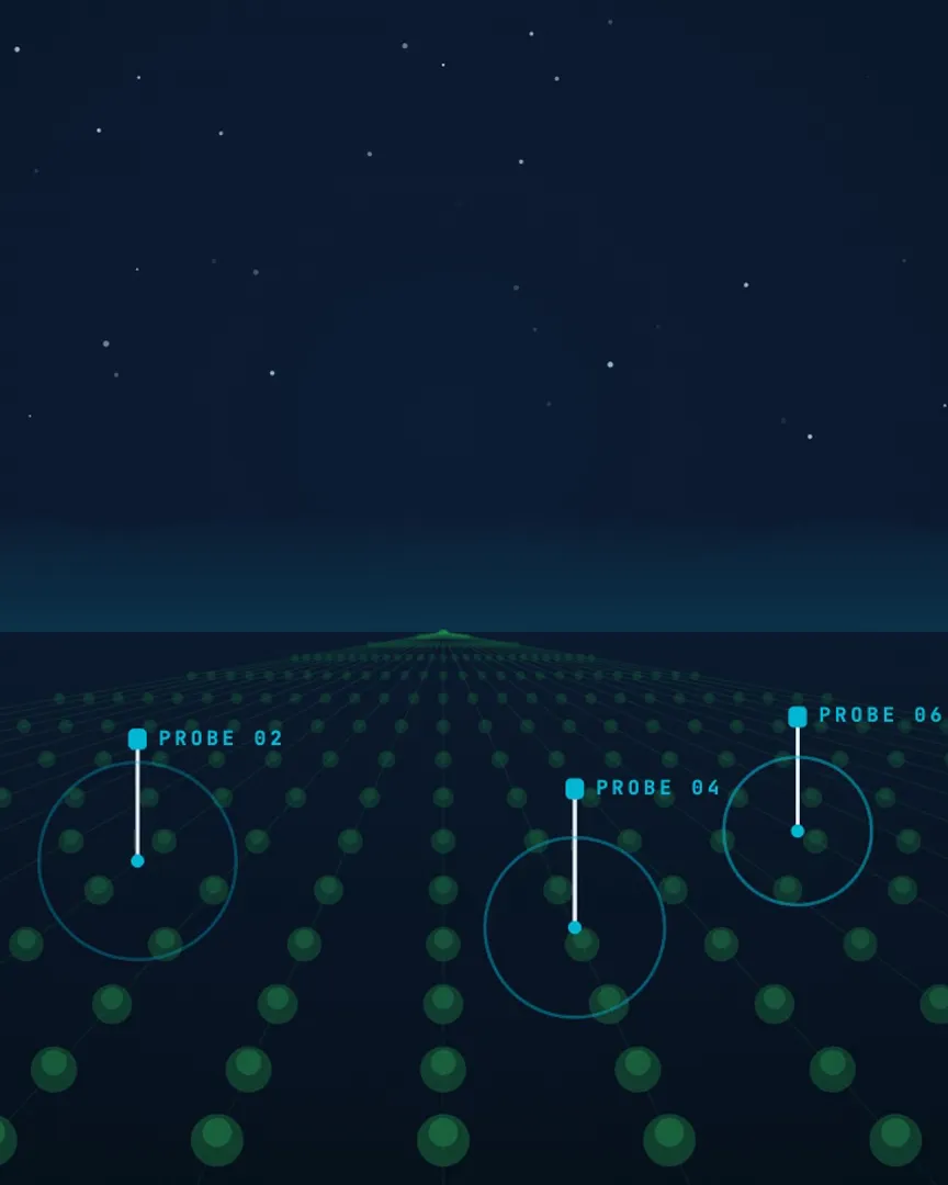 A frame from the film: soil probes reporting across orchard rows at night, with sample data