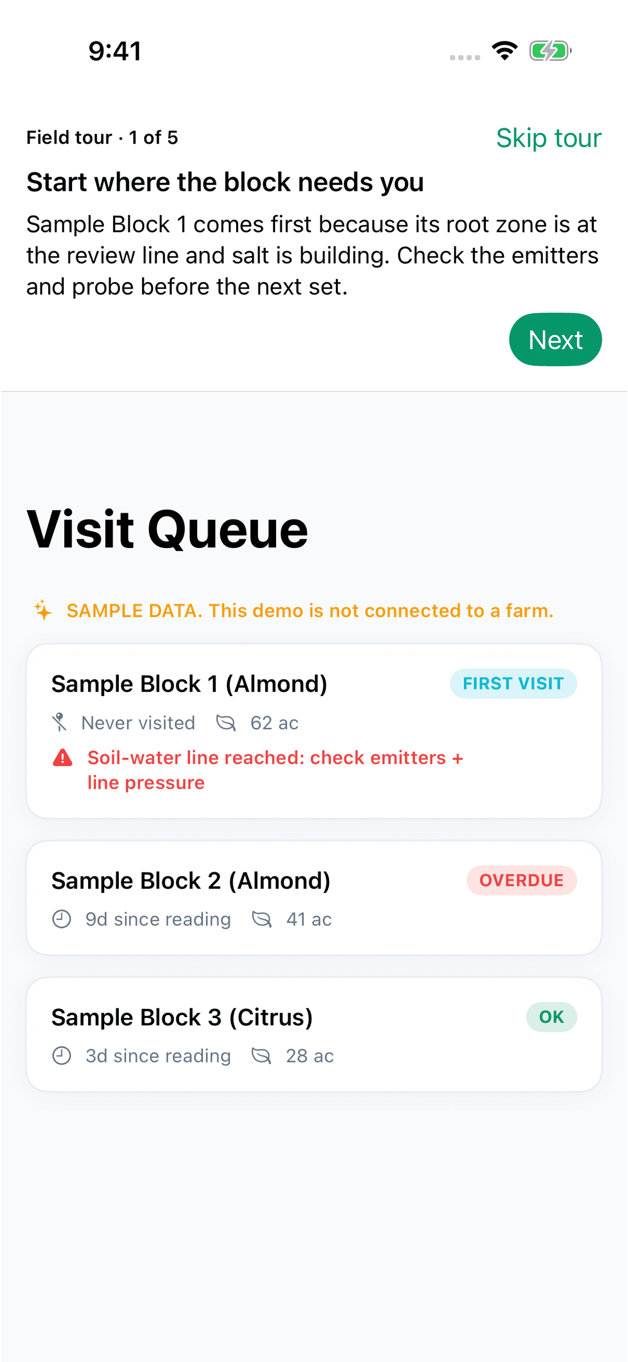 Ranked visit queue, with Sample Block 1 first