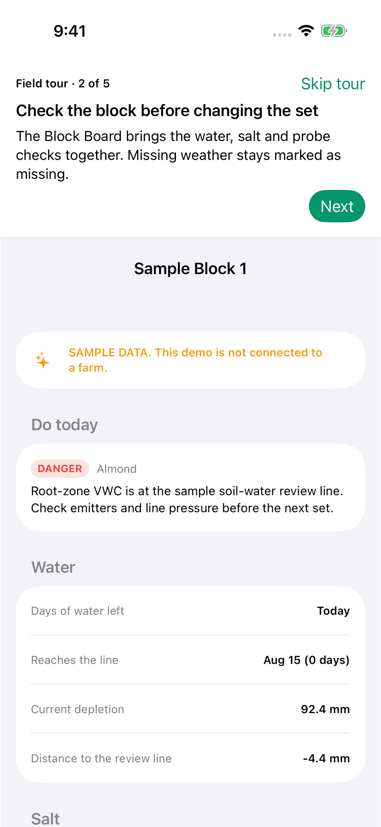 Sample Block 1 Block Board with water, salt and probe checks