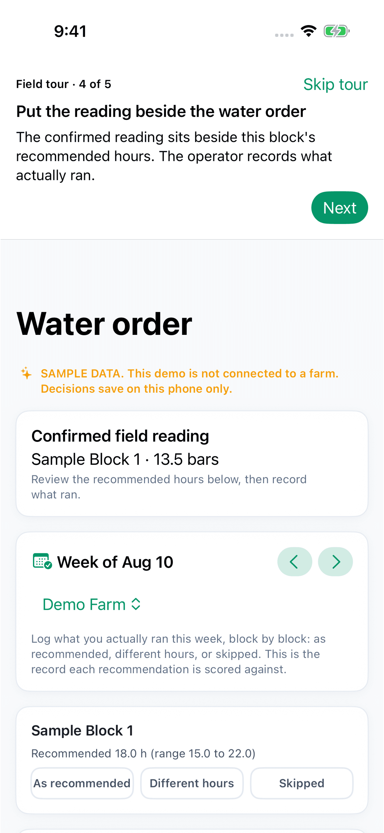 Confirmed field reading above the weekly water-order decision log