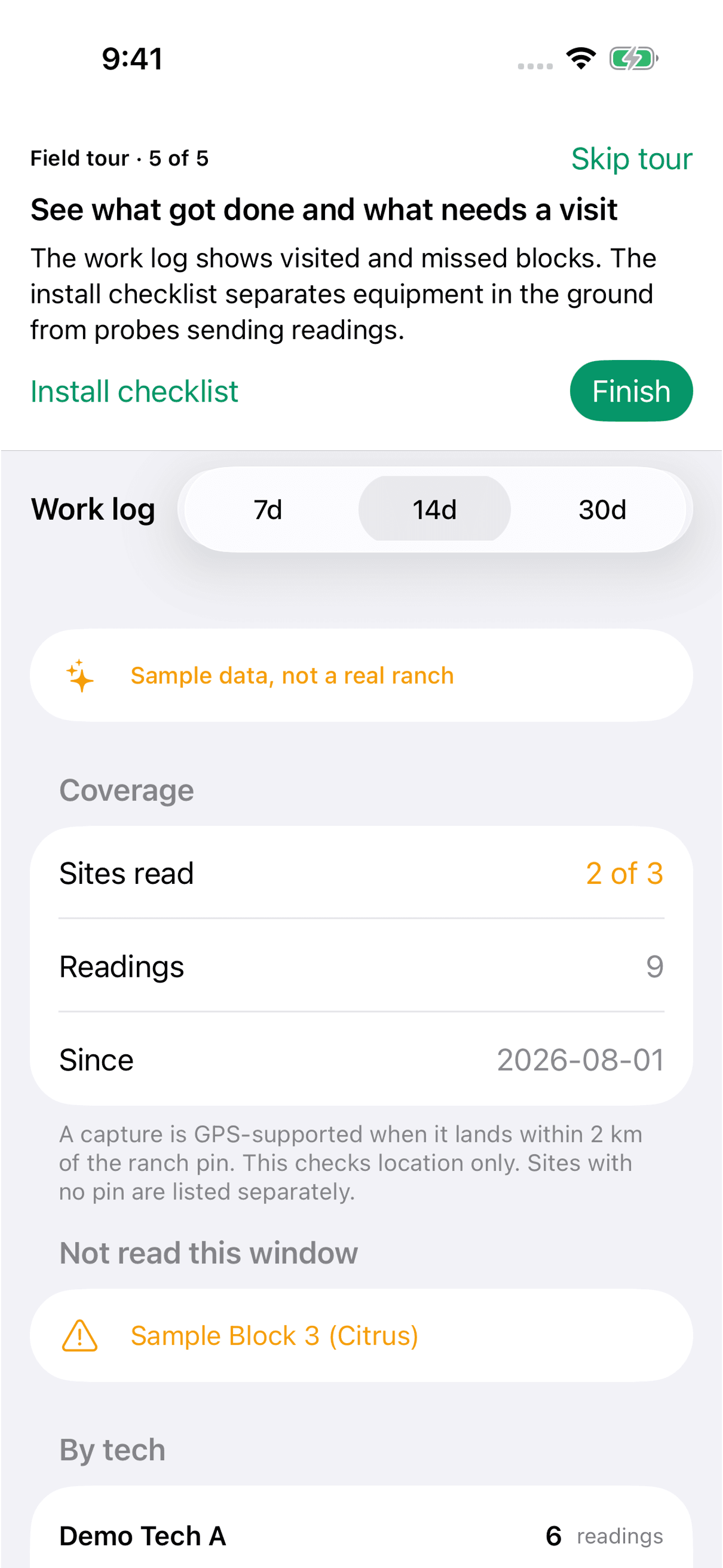 Crew work log showing sites read, missed blocks and technician activity