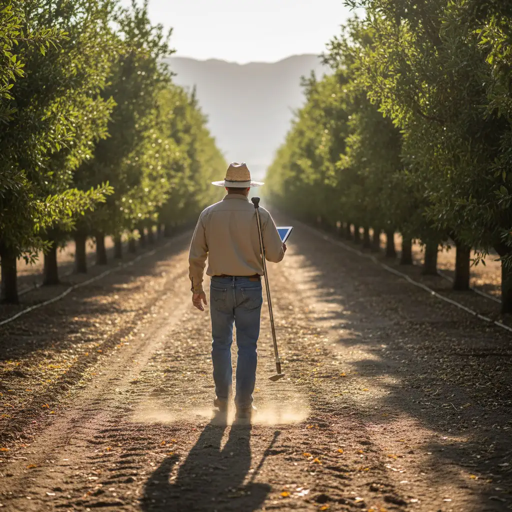 A crop adviser walks an orchard row at sunrise with a tablet and a soil probe